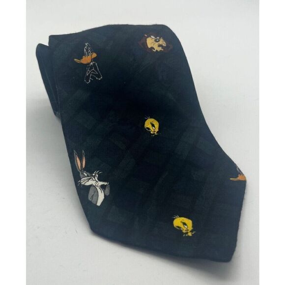 Vintage Looney Tunes Plaid Tie 1993 Taz Tweety Daffy Duck Bugs Bunny Warner Bros - Picture 1 of 7